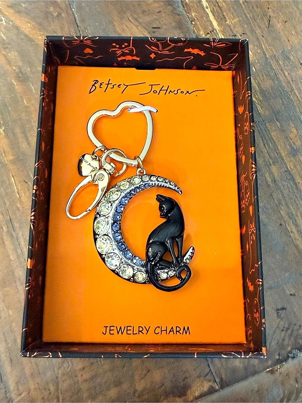 Betsey Johnson Black Cat & Crescent Moon Jewelry Charm NIB